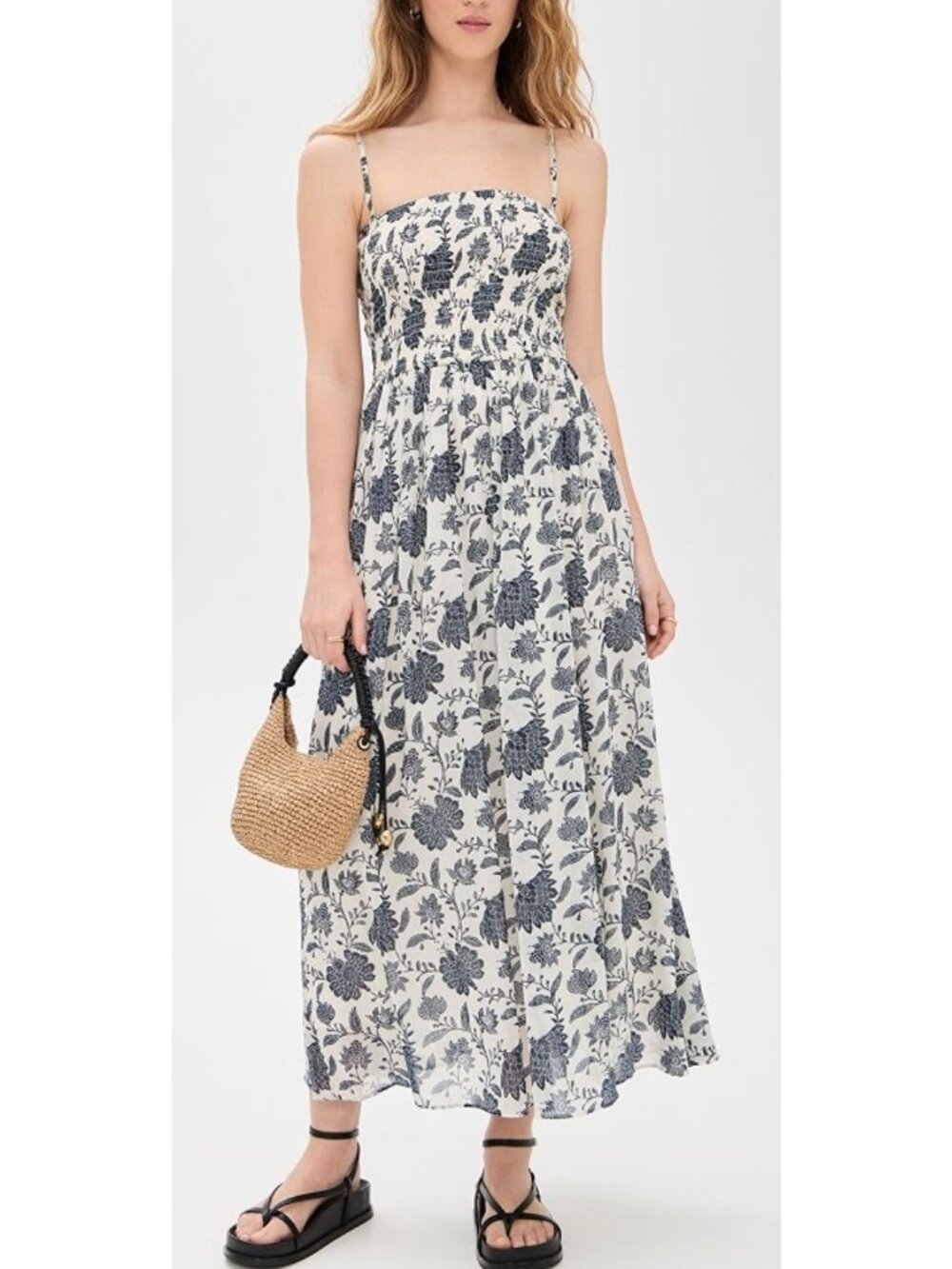 RAG & BONE Hallie Floral Cotton Silk Maxi Dress Cream Floral Navy Medium